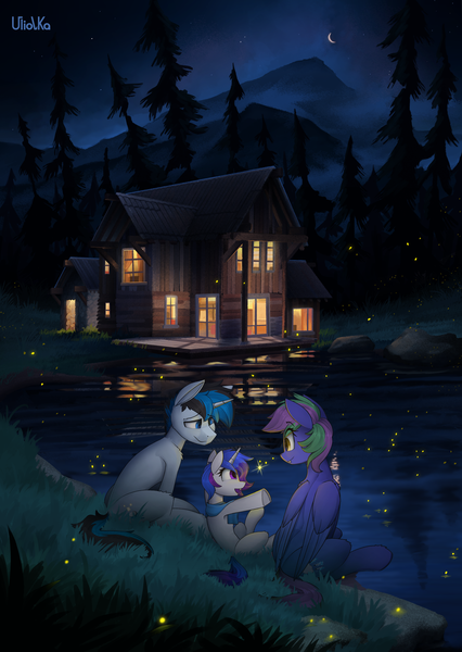 Size: 2426x3416 | Tagged: safe, artist:uliovka, derpibooru import, oc, oc:lishka, oc:solar gizmo, unofficial characters only, pegasus, pony, unicorn, female, filly, foal, image, lake, male, mare, png, scenery, stallion, water