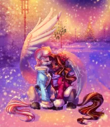 Size: 1302x1500 | Tagged: safe, artist:limreiart, derpibooru import, oc, oc:dim bush, oc:lighty dust, unofficial characters only, earth pony, pegasus, pony, blushing, boots, christmas, clothes, duo, female, flower, flower in hair, holiday, image, jacket, kissing, large wings, lesbian, mare, mistletoe, oc x oc, png, scarf, shipping, shoes, sitting, snow, spread wings, streetlight, tree, wings, winter