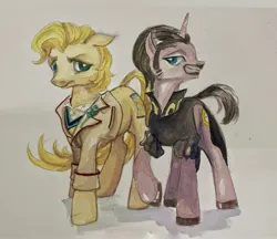 Size: 2623x2268 | Tagged: safe, artist:tulidewo, derpibooru import, doctor whooves, time turner, earth pony, unicorn, cricket bat, fifth doctor, frown, gay, image, jpeg, male, the doctor, the master, traditional art, watercolor painting