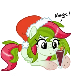 Size: 4096x4096 | Tagged: safe, artist:sjart117, derpibooru import, oc, oc:watermelana, unofficial characters only, pegasus, pony, :o, alcohol, christmas, cinnamon, drink, female, food, freckles, gradient hooves, hat, holiday, image, lying down, mare, open mouth, orange, pegasus oc, png, santa hat, solo, speech, talking, wine, wings