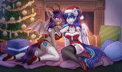 Size: 4210x2480 | Tagged: suggestive, artist:dandy, derpibooru import, oc, unofficial characters only, anthro, bat pony, pegasus, plantigrade anthro, :p, antlers, bat pony oc, bat wings, bell, bell collar, belly button, belt, bow, bra, breasts, butt, chest fluff, christmas, christmas tree, cleavage, clothes, collar, commission, costume, duo, ear fluff, eye clipping through hair, fire, fireplace, hat, high heels, high res, holiday, image, lingerie, looking at you, panties, pegasus oc, png, present, questionable source, santa costume, santa hat, shoes, sitting, smiling, socks, stockings, thigh highs, tongue out, tree, underwear, wallpaper, wallpaper for the fearless, wings
