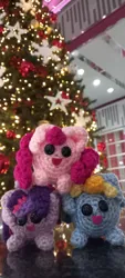 Size: 1800x4000 | Tagged: safe, artist:casquitos kawaii, derpibooru import, pinkie pie, rainbow dash, twilight sparkle, twilight sparkle (alicorn), alicorn, earth pony, pony, amigurumi, christmas, christmas lights, christmas tree, crochet, holiday, image, irl, jpeg, photo, plushie, tree