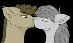 Size: 2000x1200 | Tagged: safe, artist:yerwarrior, derpibooru import, oc, oc:cassie, oc:petrichor, unofficial characters only, earth pony, pegasus, pony, black background, bust, earth pony oc, eyes closed, gay, image, kissing, looking at someone, male, oc x oc, pegasus oc, png, shipping, simple background, stallion, wings