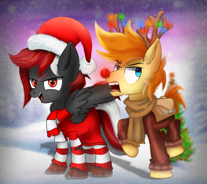 Size: 1800x1600 | Tagged: safe, artist:pizzamovies, derpibooru import, oc, oc:pizzamovies, oc:scarlet haze, earth pony, pegasus, pony, antlers, bag, christmas, christmas lights, clothes, disgusted, earth pony oc, female, hat, holiday, image, looking at you, male, mare, pegasus oc, png, reindeer antlers, saddle bag, santa hat, shipping, snow, snowfall, stallion, wings