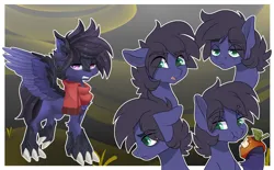 Size: 3700x2300 | Tagged: safe, artist:xvostik, derpibooru import, oc, oc:fenris ebonyglow, unofficial characters only, original species, pegasus, pony, timber pony, timber wolf, apple, clothes, expressions, food, image, male, png, scarf, simple background, species swap, stallion