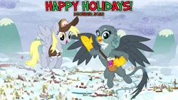 Size: 2064x1163 | Tagged: safe, artist:cheezedoodle96, artist:not-yet-a-brony, derpibooru import, derpy hooves, gabby, gryphon, pegasus, 2022, bag, christmas, december, duo, friendship, happy holidays, hearth's warming, holiday, image, mail, mailbag, mailmare, png, ponyville, youtube link in the description