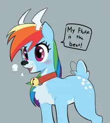 Size: 3394x3808 | Tagged: safe, artist:_ton618_, derpibooru import, rainbow dash, deer, reindeer, bell, bell collar, blushing, chest fluff, collar, cute, dashabetes, image, jpeg, reindeer dash, species swap, speech bubble