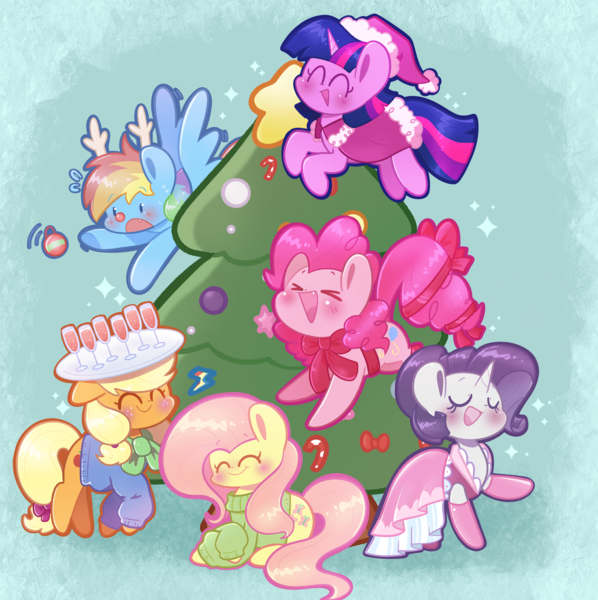 Size: 2873x2883 | Tagged: safe, artist:typhwosion, derpibooru import, applejack, fluttershy, pinkie pie, rainbow dash, rarity, twilight sparkle, pegasus, unicorn, christmas, christmas tree, clothes, group photo, hat, holiday, image, png, reindeer dash, ribbon, santa hat, sweater, tree