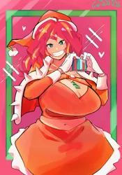 Size: 1400x2000 | Tagged: safe, artist:sozglitch, derpibooru import, sunset shimmer, human, belly button, big breasts, breasts, busty sunset shimmer, christmas, chubby, cleavage, clothes, dress, grin, hat, holiday, huge breasts, humanized, image, jewelry, jpeg, looking at you, midriff, necklace, present, santa hat, smiling, smiling at you, solo