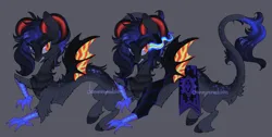 Size: 1280x643 | Tagged: safe, artist:dammmnation, derpibooru import, discord, king sombra, draconequus, bat wings, chest fluff, duo, fusion, gray background, gritted teeth, heterochromia, horns, image, jpeg, leonine tail, simple background, sombra eyes, tail, teeth, wings