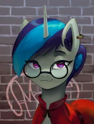 Size: 2154x2818 | Tagged: safe, artist:mrscroup, derpibooru import, oc, oc:astrum solus, unofficial characters only, unicorn, brick wall, cloak, clothes, ear fluff, ear piercing, earring, glasses, graffiti, hair bun, horn, image, jewelry, jpeg, looking at you, no source available, piercing, smug, unicorn oc