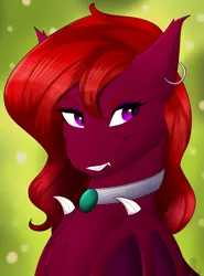 Size: 738x1000 | Tagged: safe, artist:monsoonvisionz, derpibooru import, oc, oc:gushing pulse, bat pony, bat pony oc, bat wings, bust, chest fluff, choker, claws, ear piercing, ear tufts, earring, fangs, image, jewelry, no source available, piercing, png, simple background, smiling, smirk, wing claws, wings