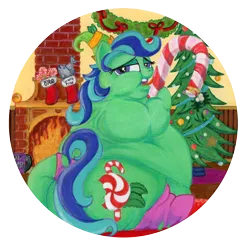 Size: 7760x7592 | Tagged: suggestive, artist:white-eyed vireo, derpibooru import, oc, oc:minty muncher, pony, unicorn, belly, big belly, bingo wings, butt, candy, candy cane, christmas, christmas stocking, christmas tree, chubby cheeks, double chin, fat, fat fetish, female, fetish, fireplace, flabby chest, food, holiday, huge belly, huge butt, image, large butt, morbidly obese, neck roll, obese, png, rolls of fat, tree