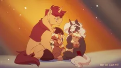 Size: 1920x1080 | Tagged: safe, artist:light262, derpibooru import, oc, oc:light.heart, oc:s.leech, unicorn, cuddling, cute, don bluth, father and child, father and daughter, female, hooves, horn, image, jpeg, male, mother and child, mother and daughter, oc x oc, shipping, straight, unicorn oc