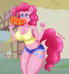Size: 1800x1916 | Tagged: suggestive, alternate version, artist:morestar, derpibooru import, pinkie pie, anthro, earth pony, magic duel, belly button, blushing, breasts, busty pinkie pie, chest fluff, cleavage, ear fluff, erect nipples, food, image, implied penis, midriff, nipple outline, not porn, png, sandwich, sandwich censorship, silenced, subway