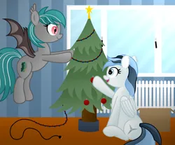 Size: 3636x3016 | Tagged: safe, artist:rainbowšpekgs, derpibooru import, oc, oc:haze northfleet, oc:malachite cluster, unofficial characters only, bat pony, pegasus, bat pony oc, bat wings, box, christmas, christmas lights, christmas tree, flying, holiday, image, pegasus oc, png, radiator, sitting, smiling, tree, window, wings