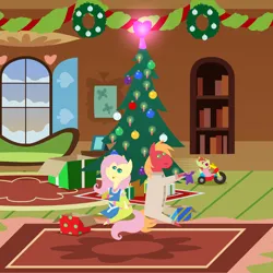 Size: 2880x2880 | Tagged: safe, anonymous artist, derpibooru import, big macintosh, fluttershy, oc, oc:late riser, earth pony, pegasus, pony, series:fm holidays, series:hearth's warming advent calendar 2022, advent calendar, baby, baby clothes, baby pony, bedroom eyes, big wheel, christmas, christmas tree, christmas wreath, clothes, colt, cute, dress, family, female, fluttermac, fluttershy's cottage, foal, footed sleeper, footie pajamas, garland, high res, hinting, holiday, image, lineless, long underwear, looking at each other, looking at someone, looking back, male, mare, ocbetes, offspring, onesie, open mouth, open smile, pajamas, parent:big macintosh, parent:fluttershy, parents:fluttermac, png, pointy ponies, present, shipping, sitting, smiling, stallion, straight, tongue out, tree, tricycle, wreath