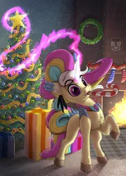 Size: 1250x1750 | Tagged: safe, artist:calena, derpibooru import, oc, oc:trinity deblanc (new), unofficial characters only, pony, unicorn, 2022, candy, candy cane, christmas, christmas lights, christmas tree, crystal, cute, fireplace, food, garland, glow, glowing horn, holiday, horn, image, jewelry, looking at you, magic, magic aura, male, multicolored hair, necklace, pink eyes, png, present, solo, telekinesis, tree