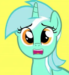 Size: 667x719 | Tagged: safe, derpibooru import, lyra heartstrings, pony, unicorn, bust, image, jpeg, looking at you, open mouth, portrait, sad, simple background, solo, yellow background