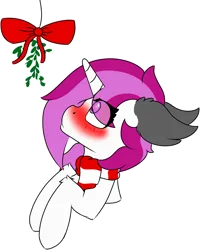 Size: 4695x5874 | Tagged: safe, artist:skylarpalette, derpibooru import, oc, oc:skylar palette, unofficial characters only, pony, unicorn, blushing, bow, christmas, clothes, cute, female, fluffy, holiday, horn, image, looking up, mare, mistletoe, no shading, png, scarf, simple background, unicorn oc
