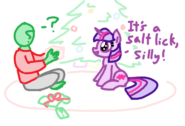 Size: 726x493 | Tagged: safe, artist:purblehoers, derpibooru import, twilight sparkle, oc, oc:anon, pony, unicorn, christmas, christmas presents, christmas tree, food, holiday, image, ms paint, png, salt, salt lick, sitting, smiling, text, tree, unicorn twilight