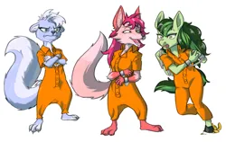 Size: 1906x1204 | Tagged: safe, artist:megahand6, derpibooru import, oc, oc:eden shallowleaf, anthro, fox, pegasus, skunk, unguligrade anthro, banana peel, clothes, cuffed, cuffs, furry, image, jpeg, jumpsuit, prison outfit, simple background, trio, white background