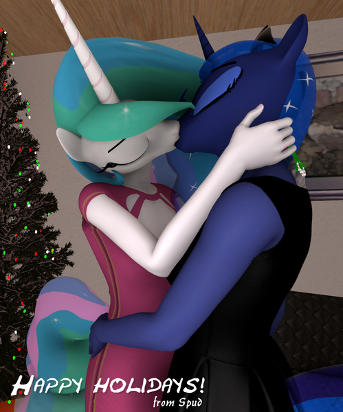 Size: 899x1080 | Tagged: safe, artist:spud, derpibooru import, princess celestia, princess luna, anthro, 3d, butt touch, christmas, christmas tree, female, holiday, image, incest, jpeg, kissing, lesbian, mistletoe, princest, shipping, siblings, sisters, source filmmaker, tree