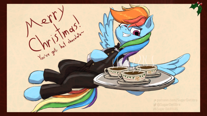 Size: 5000x2813 | Tagged: safe, artist:sugardotxtra, derpibooru import, rainbow dash, pegasus, bowtie, chocolate, christmas, christmas card, clothes, food, holiday, holly, hot chocolate, image, looking at you, png, suit