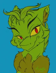 Size: 2550x3300 | Tagged: safe, artist:mychelle, derpibooru import, ponified, pony, blue background, crossover, grainy, grinch (character), high res, how the grinch stole christmas, image, jpeg, male, simple background, smiling, smirk, solo, stallion, the grinch