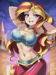 Size: 512x682 | Tagged: suggestive, derpibooru import, editor:sammykun, machine learning generated, novelai, stable diffusion, sunset shimmer, human, equestria girls, arabic, arm behind head, belly dancer, belly dancer outfit, breasts, busty sunset shimmer, castle, clothes, dancer, humanized, image, jpeg, midriff, open mouth, open smile, pose, purple eyes, skirt, sky, smiling, sunset, wrong eye color