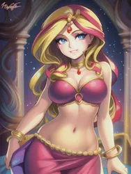 Size: 512x682 | Tagged: suggestive, derpibooru import, editor:sammykun, machine learning generated, novelai, stable diffusion, sunset shimmer, human, equestria girls, adorasexy, arabic, beautiful, beautisexy, belly dancer, belly dancer outfit, blue eyes, breasts, busty sunset shimmer, castle, cute, dancer, grin, huggable, humanized, image, interior, jpeg, looking at you, midriff, night, sexy, smiling, starry night, stupid sexy sunset shimmer, wrong eye color