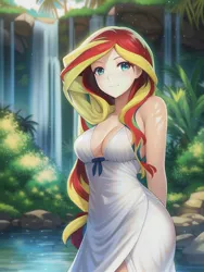 Size: 512x682 | Tagged: safe, derpibooru import, editor:sammykun, machine learning generated, novelai, stable diffusion, sunset shimmer, human, absolute cleavage, bare shoulders, breasts, busty sunset shimmer, cleavage, clothes, female, humanized, image, jpeg, jungle, lake, looking at you, prompter:sammykun, solo, tropical, water, waterfall, wet clothes, white dress