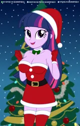 Size: 3848x6024 | Tagged: suggestive, artist:alandssparkle, derpibooru import, twilight sparkle, twilight sparkle (alicorn), alicorn, equestria girls, adorasexy, breasts, busty twilight sparkle, christmas, christmas tree, cleavage, clothes, costume, cute, female, hat, holiday, image, looking at you, png, santa costume, santa hat, sexy, socks, solo, solo female, tree