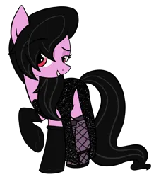 Size: 1730x1900 | Tagged: safe, artist:panzerbutt, derpibooru import, oc, oc:fraulina, unofficial characters only, earth pony, pony, derpibooru community collaboration, 2023 community collab, black clothes, black dress, black mane, clothes, crimson eyes, dress, female, fishnet socks, fishnets, gloves, horseshoes, image, long mane, long tail, mane covering eye, mare, png, purple coat, simple background, socks, solo, solo female, sparkling dress, stockings, tail, thigh highs, transparent background