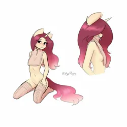 Size: 1603x1603 | Tagged: suggestive, artist:katputze, derpibooru import, oc, oc:crimson sunset, unofficial characters only, anthro, plantigrade anthro, unicorn, blushing, breasts, clothes, female, image, jpeg, kneeling, revealing clothing, sideboob, simple background, small breasts, socks, solo, solo female, stockings, thigh highs, white background