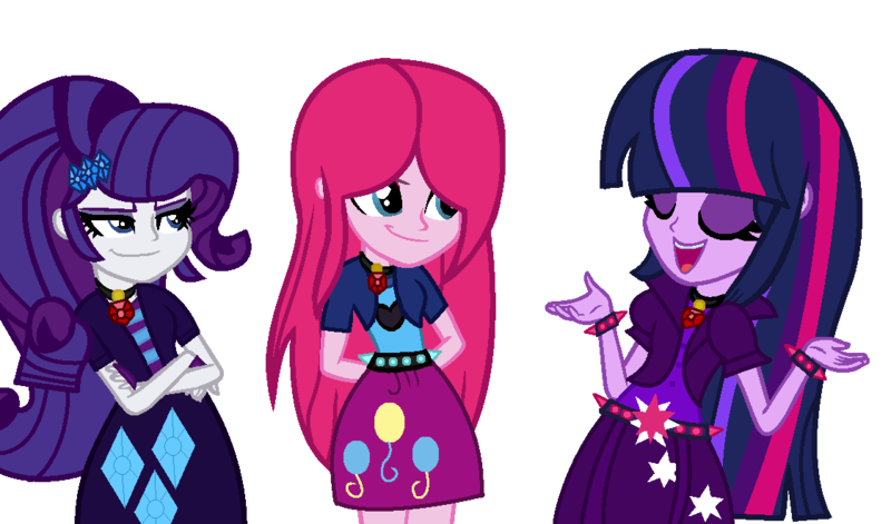 Size: 1123x661 | Tagged: safe, alternate version, artist:kingbases, artist:speedpaintjayvee12, derpibooru import, adagio dazzle, aria blaze, pinkie pie, rarity, sonata dusk, twilight sparkle, equestria girls, alternate clothes, alternate hairstyle, base used, bracelet, clothes, crossed arms, cutie mark, cutie mark on clothes, eyes closed, eyeshadow, female, females only, gem, hand behind back, image, makeup, pinkamena diane pie, png, role reversal, simple background, siren gem, spiked belt, spiked wristband, the dazzlings, trio, wristband