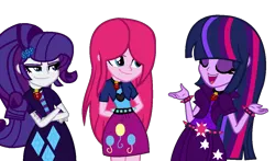 Size: 1123x661 | Tagged: safe, alternate version, artist:kingbases, artist:speedpaintjayvee12, derpibooru import, adagio dazzle, aria blaze, pinkie pie, rarity, sonata dusk, twilight sparkle, equestria girls, alternate clothes, alternate hairstyle, base used, bracelet, clothes, crossed arms, cutie mark, cutie mark on clothes, eyes closed, eyeshadow, female, females only, gem, hand behind back, image, makeup, pinkamena diane pie, png, role reversal, simple background, siren gem, spiked belt, spiked wristband, the dazzlings, trio, wristband