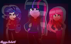 Size: 1700x1062 | Tagged: safe, alternate version, artist:kingbases, artist:speedpaintjayvee12, derpibooru import, adagio dazzle, aria blaze, pinkie pie, rarity, sonata dusk, twilight sparkle, equestria girls, alternate clothes, alternate hairstyle, base used, clothes, crossed arms, eyeshadow, female, females only, gem, glow, hand on hip, hoodie, image, makeup, pinkamena diane pie, png, role reversal, siren gem, the dazzlings, trio