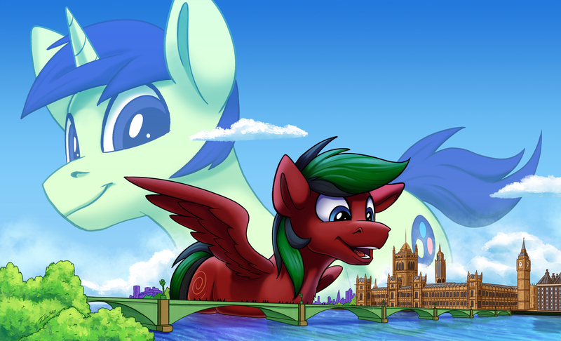 Size: 2000x1214 | Tagged: safe, artist:tsitra360, derpibooru import, oc, oc:crimson fall, oc:kosmos, unofficial characters only, pegasus, pony, unicorn, big ben, bridge, city, commission, giant pony, image, jpeg, london, macro, male, open mouth, river, size difference, spread wings, stallion, water, wings