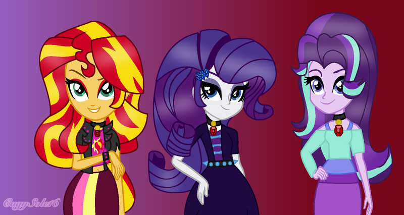 Size: 1635x870 | Tagged: safe, alternate version, artist:speedpaintjayvee12, derpibooru import, adagio dazzle, aria blaze, rarity, sonata dusk, starlight glimmer, sunset shimmer, equestria girls, alternate clothes, alternate hairstyle, background, clothes, cutie mark, cutie mark on clothes, eyeshadow, female, females only, gem, image, makeup, png, role reversal, siren gem, the dazzlings