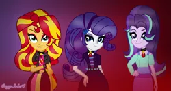 Size: 1635x870 | Tagged: safe, alternate version, artist:speedpaintjayvee12, derpibooru import, adagio dazzle, aria blaze, rarity, sonata dusk, starlight glimmer, sunset shimmer, equestria girls, alternate clothes, alternate hairstyle, background, clothes, cutie mark, cutie mark on clothes, eyelashes, eyeshadow, female, females only, gem, hand on hip, image, makeup, png, role reversal, siren gem, the dazzlings