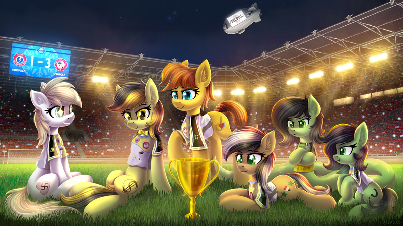 Size: 5000x2800 | Tagged: safe, artist:atlas-66, derpibooru import, oc, oc:anonfilly, oc:aryanne, oc:fireaxe, oc:leslie fair, oc:syriana, ponified, pony, snake, /mlpol/, female, filly, football, image, nation ponies, png, sports, syria