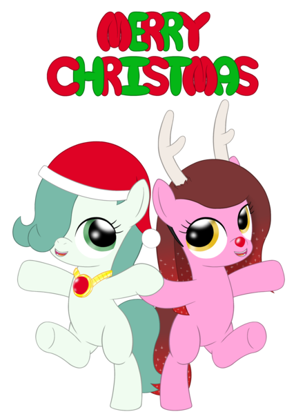 Size: 2100x2850 | Tagged: safe, artist:tenebris, derpibooru import, oc, oc:cherry bottom, oc:emerald jewel, unofficial characters only, earth pony, pony, colt quest, antlers, christmas, colt, earth pony oc, foal, hat, holiday, image, male, merry christmas, png, santa hat, simple background, transparent background