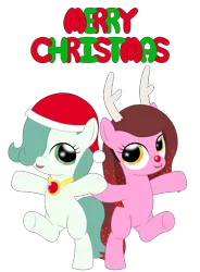 Size: 2100x2850 | Tagged: safe, artist:tenebris, derpibooru import, oc, oc:cherry bottom, oc:emerald jewel, unofficial characters only, earth pony, pony, colt quest, antlers, christmas, colt, earth pony oc, foal, hat, holiday, image, male, merry christmas, png, santa hat, simple background, transparent background