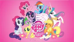 Size: 1162x660 | Tagged: safe, artist:daylightsketch, derpibooru import, applejack, fluttershy, pinkie pie, princess celestia, rainbow dash, rarity, spike, twilight sparkle, alicorn, earth pony, pegasus, pony, unicorn, .svg available, flower, folded wings, group photo, image, mane six, mane six opening poses, my little pony logo, one eye closed, png, raised hoof, spread wings, stock vector, unicorn twilight, vector, wings, wink