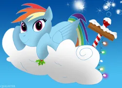 Size: 2050x1487 | Tagged: safe, artist:qnighter, derpibooru import, rainbow dash, pegasus, pony, blue sky, christmas, cloud, female, hearth's warming eve, holiday, image, lights, looking at you, mare, merry christmas, png, sky, snow, snowflake, solo