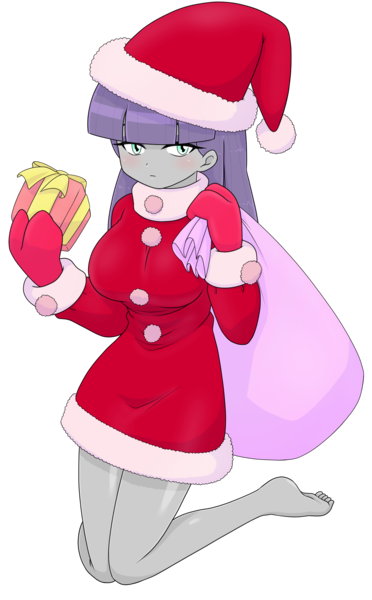 Size: 1668x2687 | Tagged: safe, alternate version, artist:batipin, derpibooru import, maud pie, equestria girls, breasts, busty maud pie, christmas, clothes, costume, feet, gloves, hat, holiday, image, png, santa costume, santa hat, simple background, transparent background