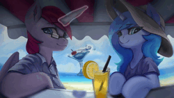 Size: 1920x1080 | Tagged: safe, artist:theprince, artist:tx547, derpibooru import, oc, oc:ericken, oc:time slowly, unofficial characters only, alicorn, pony, unicorn, animated, beach, clothes, drink, glasses, hat, image, shirt, webm