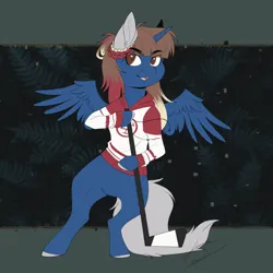 Size: 3000x3000 | Tagged: safe, artist:lunciakkk, derpibooru import, oc, oc:hoki, unofficial characters only, alicorn, pony, abstract background, alicorn oc, bipedal, commission, hockey stick, horn, image, open mouth, png, solo, wings
