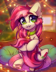 Size: 1887x2419 | Tagged: safe, alternate version, artist:radioaxi, derpibooru import, roseluck, pony, christmas, christmas tree, collar, commission, commissioner:doom9454, cute, garland, holiday, hug, image, pet tag, png, pony pet, rosepet, tail, tail hug, tree